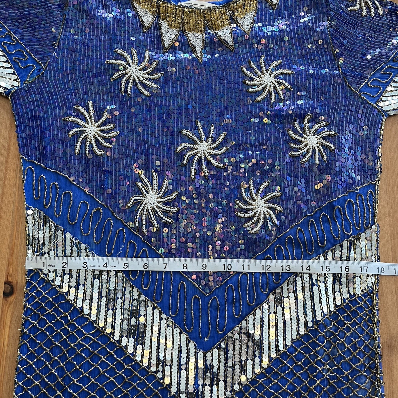 Vintage 80’s Chanson D’Amour Womens Flapper Dress 100% Silk Sequin Beaded Blue