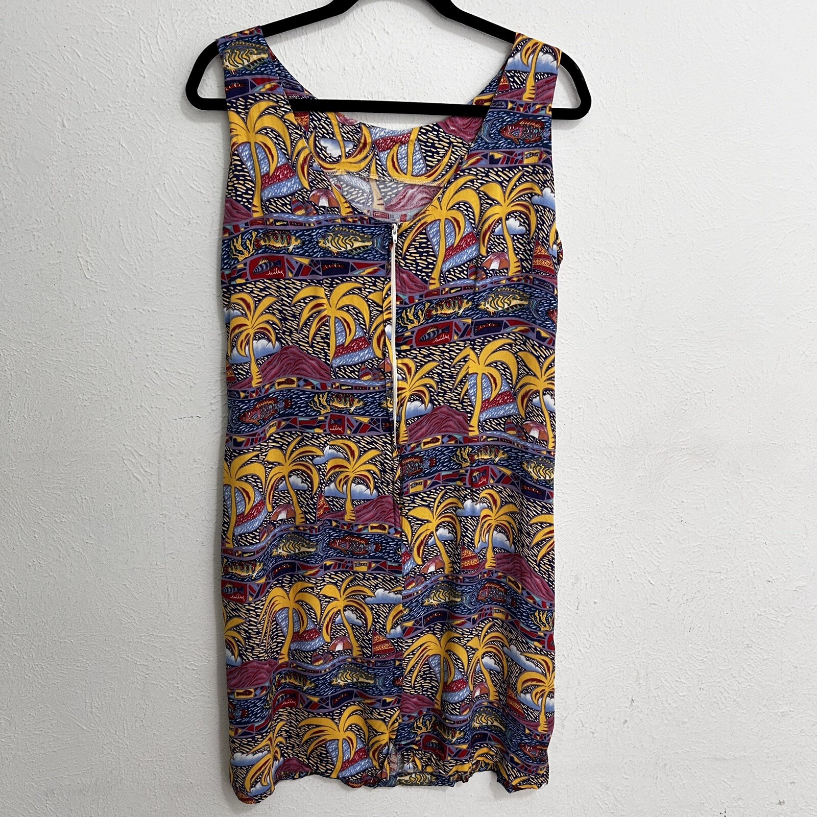 Reyn Spooner Miley Collection VTG Dress Hawaiian Fishes Palm Trees Aloha Size M