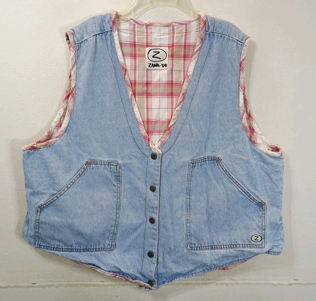 Zana-Di Reversible Denim Vest Plaid Blue Pink No Size See Measurements