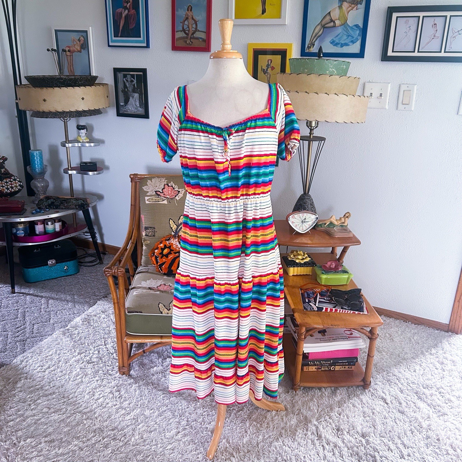 Vintage 1940s Style Dress | Rainbow Stripe | Peasant | XL 2XL | Volup | 70s