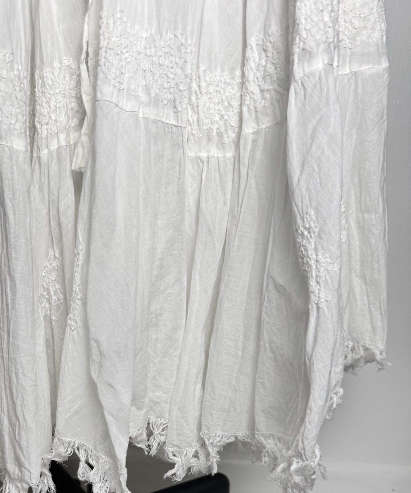 Vtg White Cotton Maxi Skirt Floral Embroidered OS Boho Fringe Rupees India