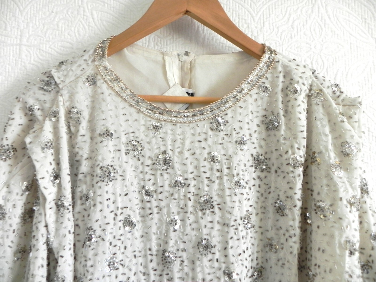 Vtg Jack Bryan Tunic Sequin/Bead Chiffon Lined Long Sleeve Ivory Over-Sized 12