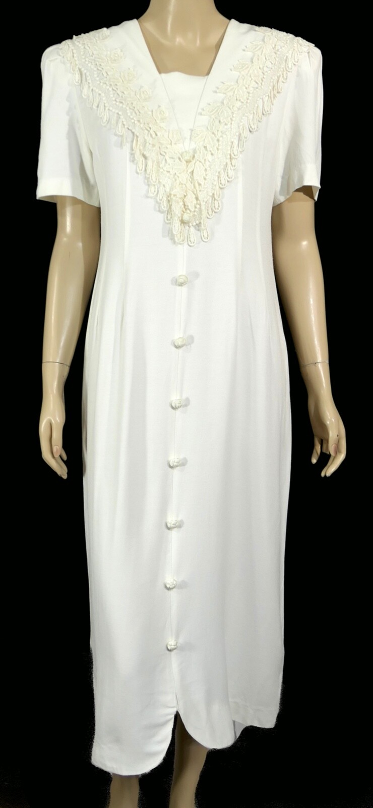 Vintage 80s 90s Girl Power Pearl White Lace Rayon Pencil Wiggle Midi Dress L