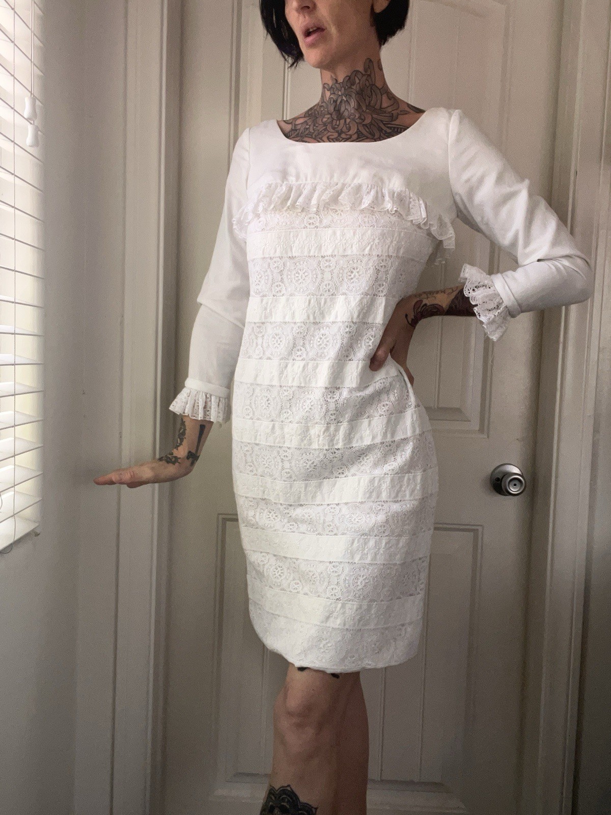 Vtg 60s S. Howard Hirsh California White Scoop Neck Lace Ruffle Day Dress Prep M