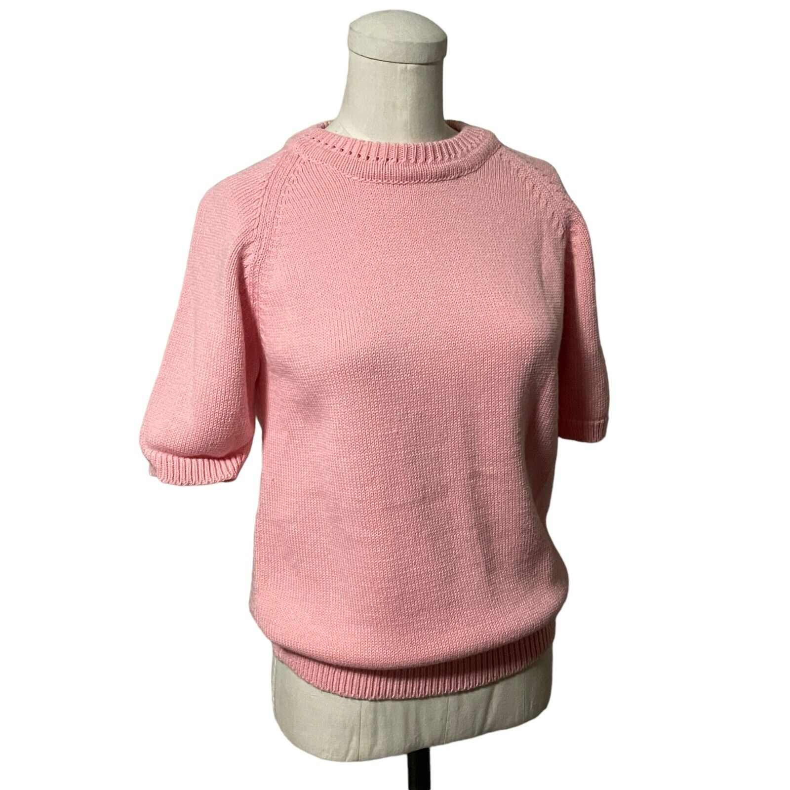 Vintage Pink Classic Look Short Sleeve Sweater Preppy Cute Girly Crewneck
