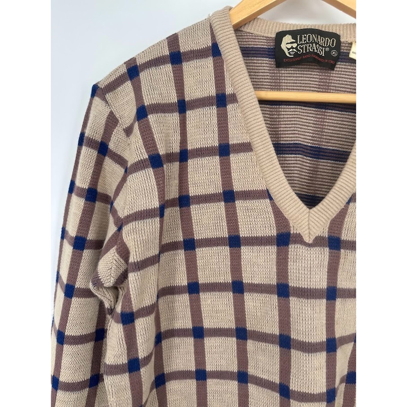 Vintage Leonardo Strassi Plaid Sweater Designer Italy Mens XL Grunge Preppy