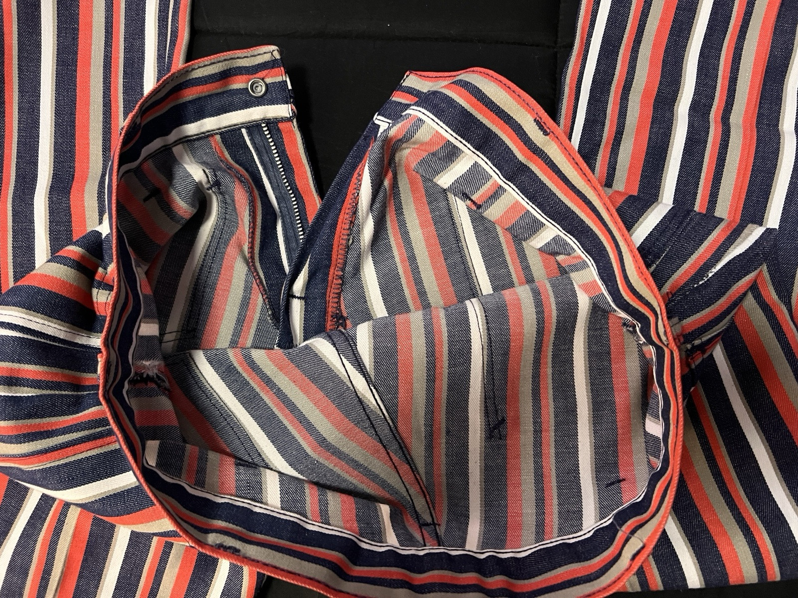 Vintage 70s Handmade Pants Black Orange & White Stripes 30×29
