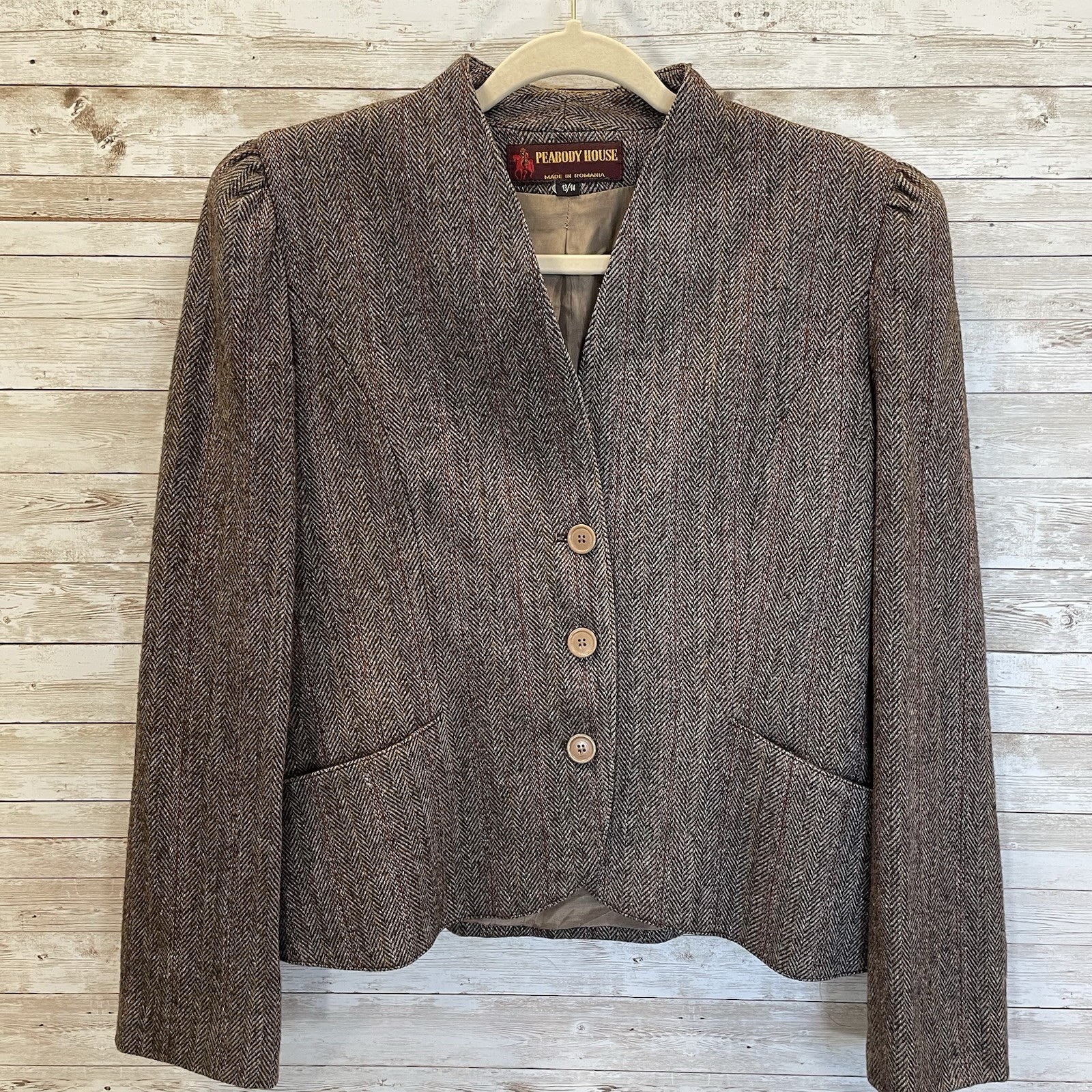 Vintage Peabody House Womens 13/14 Blazer Herringbone Brown Wool Blend Lined
