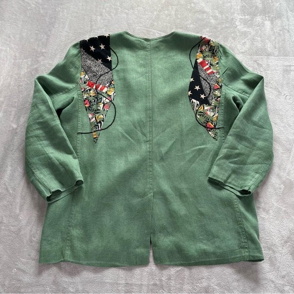 Vintage 90s Blazer Women M Green Patchwork Nautical Coastal Grandma Art Teacher