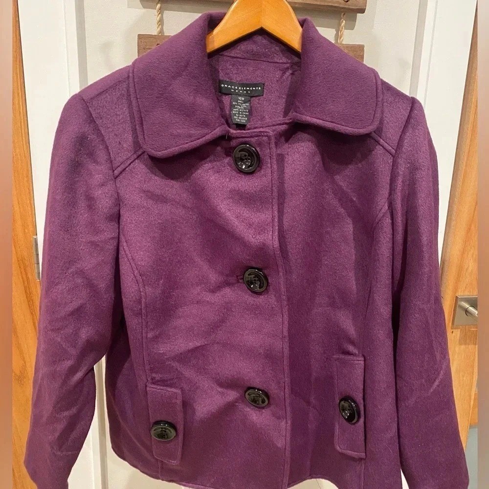 Vintage Grace Elements Purple Soft Warm Wool Blend Pea Coat WM’s Large (16w) EUC