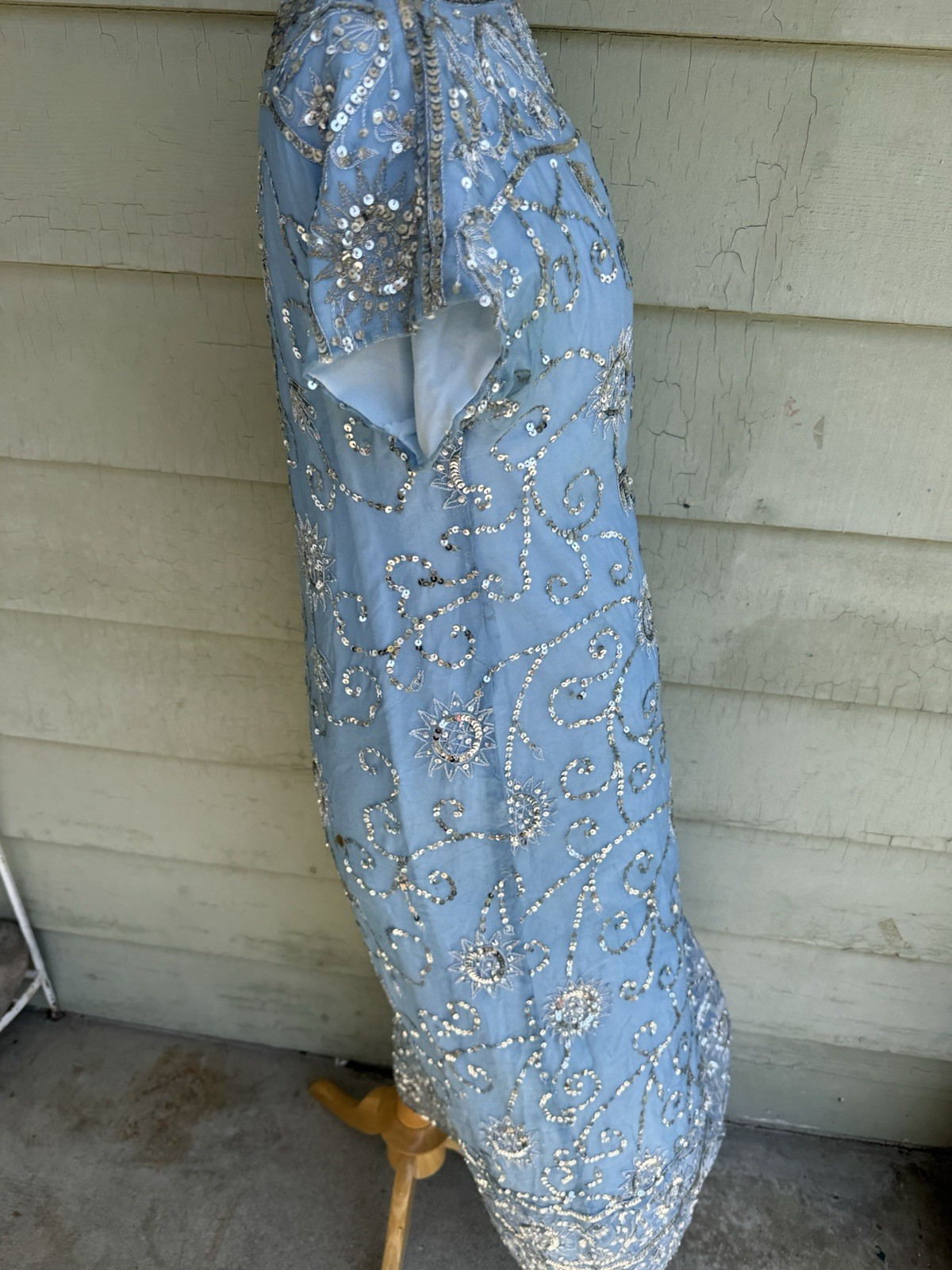 Vtg 60’s Profils Du Monde Beverly Hills Baby Blue Gown Silver Sequins Silk S