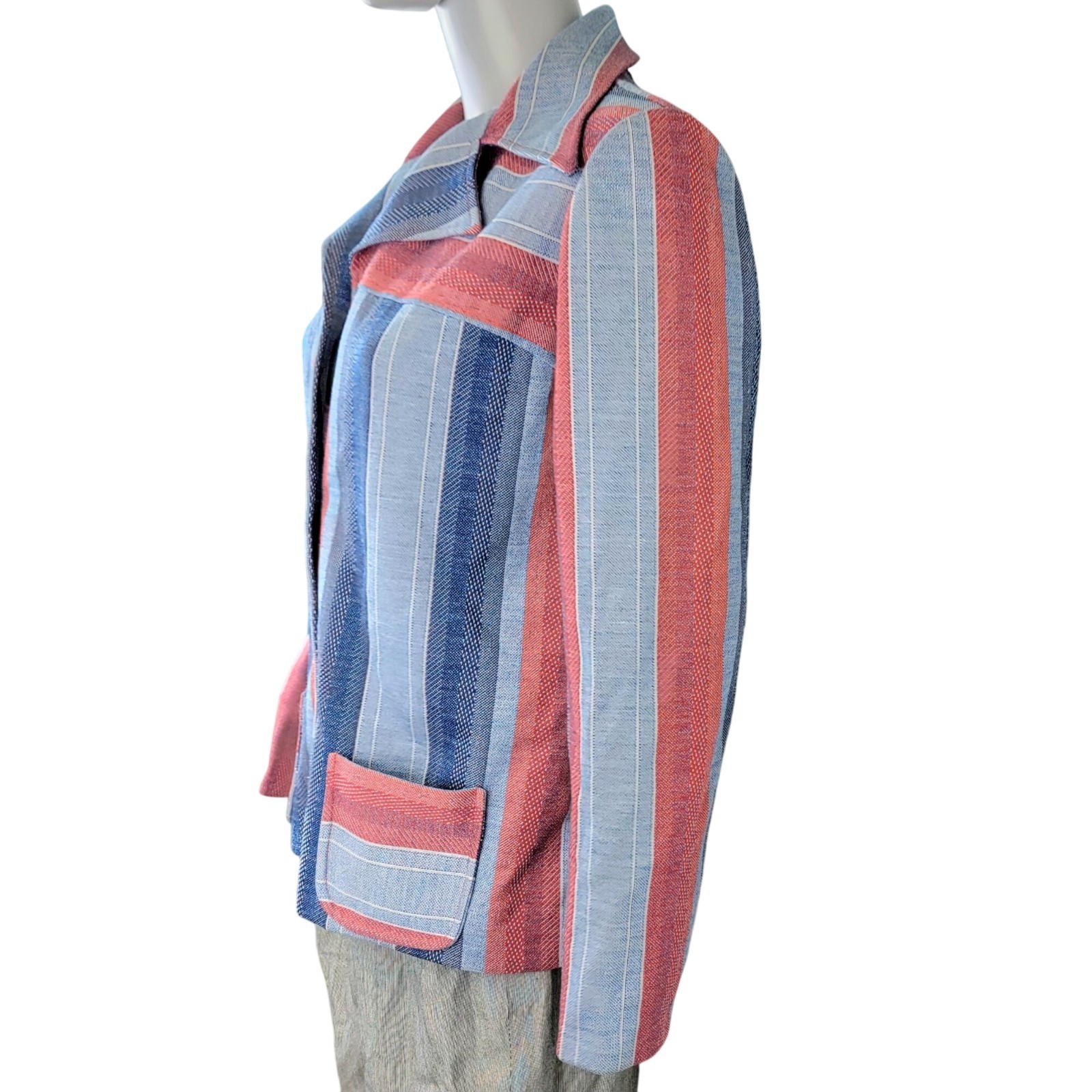 Vintage 70s Stripe Shirt Jacket Women Medium Pink Blue Collar Button Lightweight