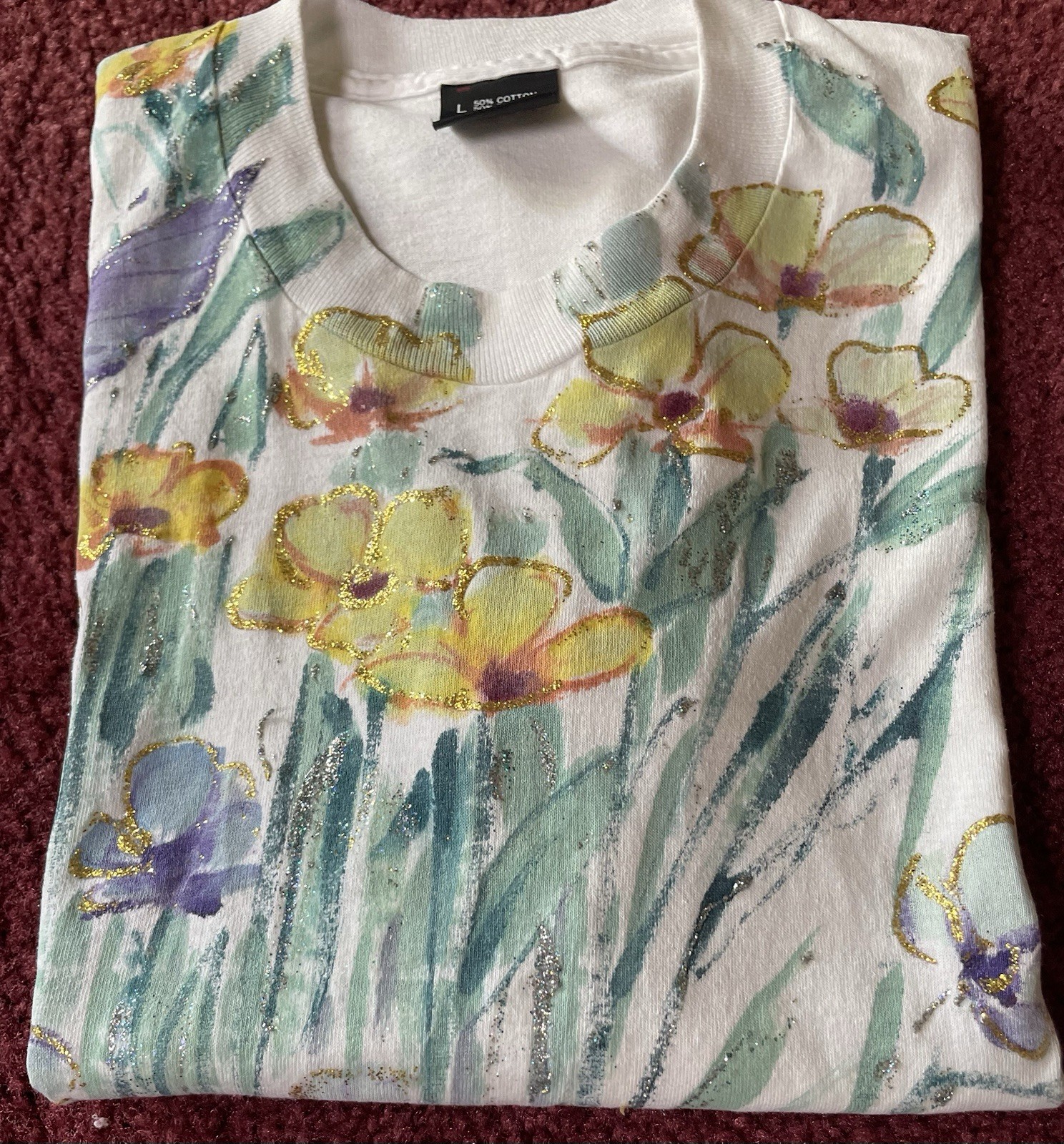 Vintage 90s Floral T Shirt Tee Womens Sz L Yellow Green Single Stitched USA Made