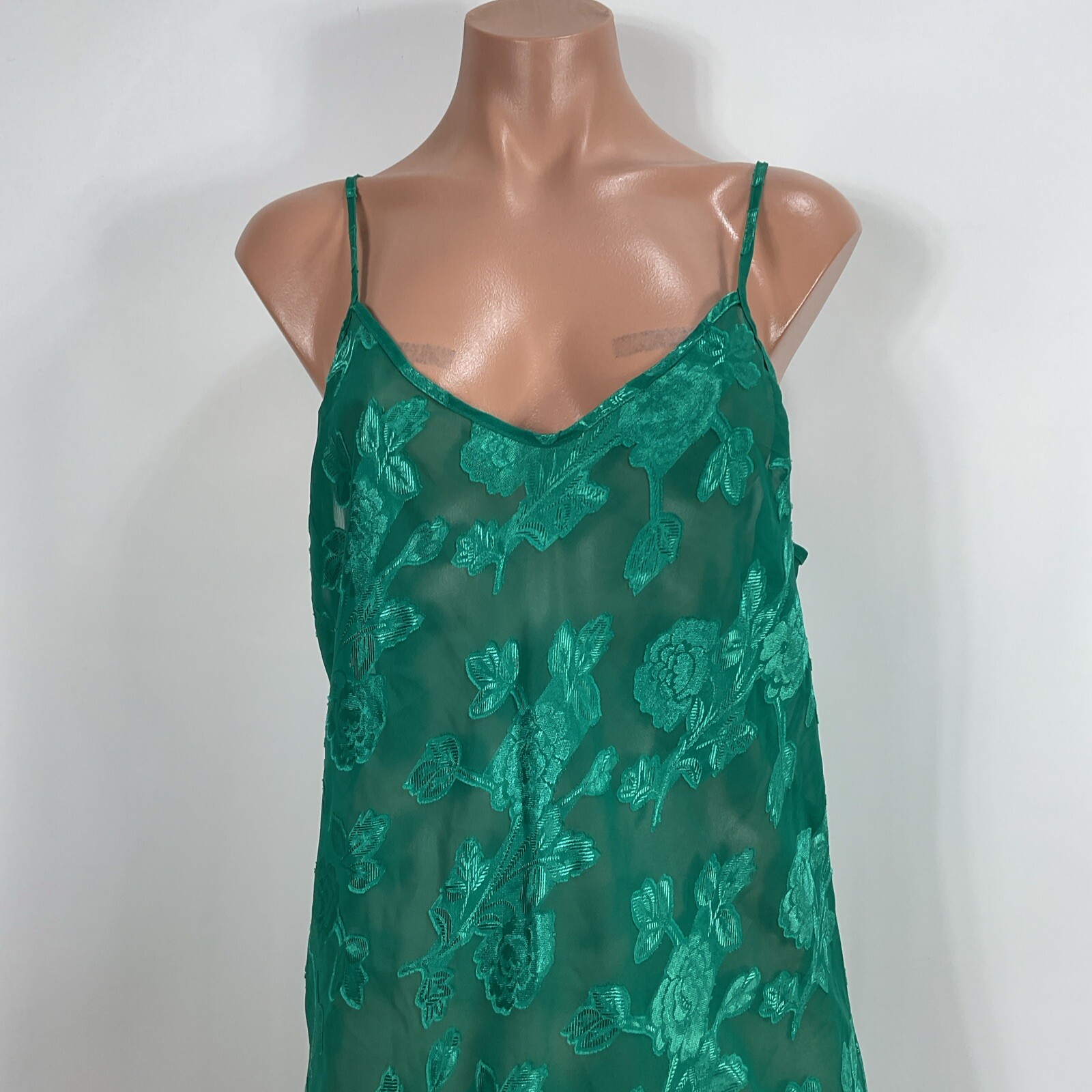 California Dynasty Green Embroidered Negligee Vintage Sexy Satin Gown Sz L Jade
