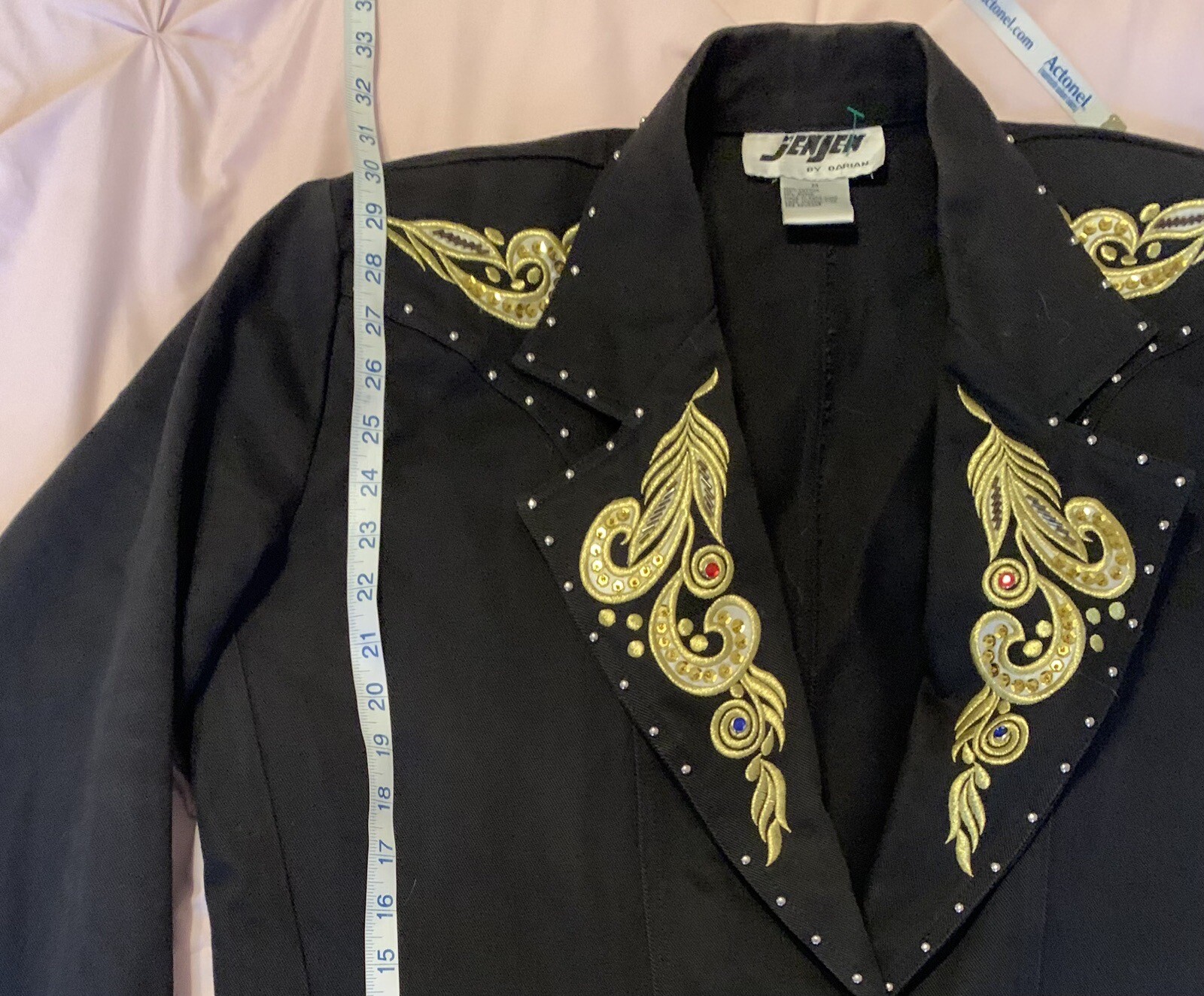 Vintage JenJen by Darian Blazer Black Denim Gold Embroidery Rhinestone Studded M