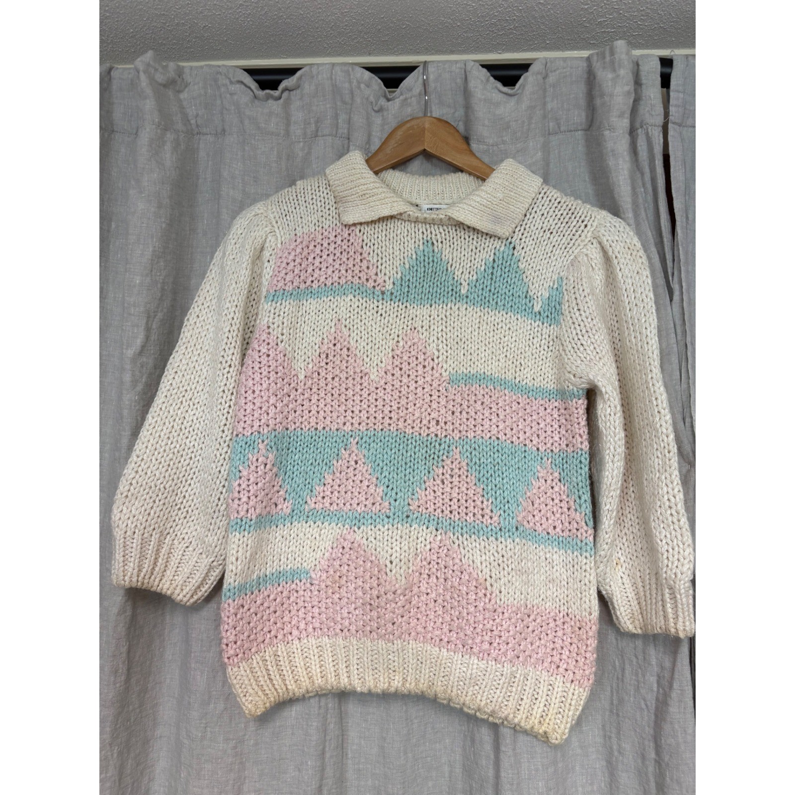 Vintage 80s Exclusive Imports Hand Knit Pastel Mountain Sweater Pink Aqua Medium