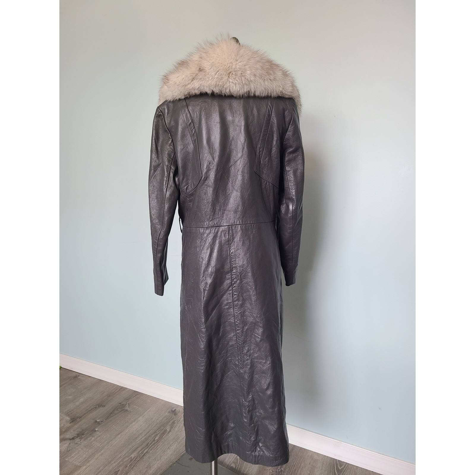 VTG 24K Leather Dan Di Modes Trench Coat Gray Rabbit Fur Collar 1970s Luxury
