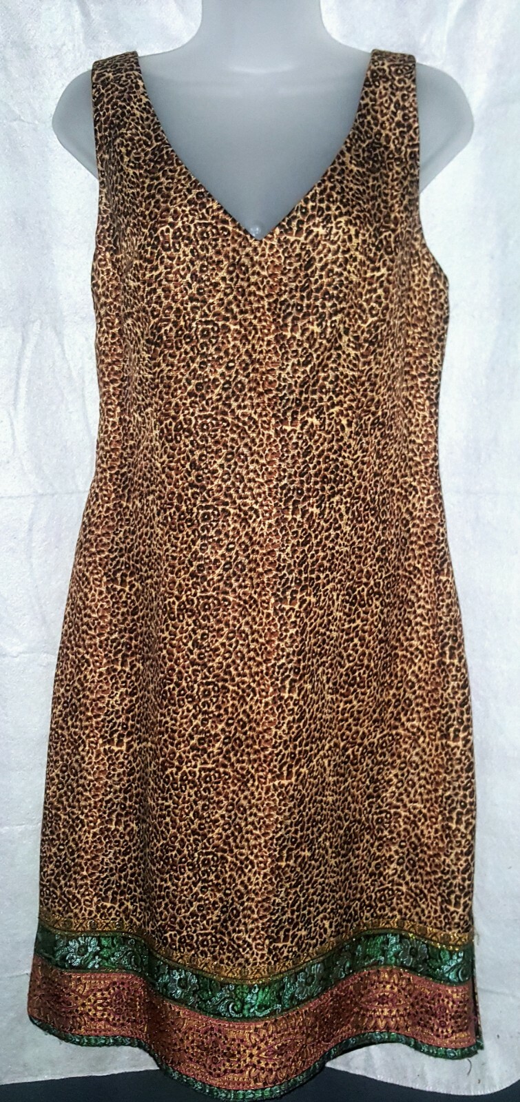 Silk Leopard Print Vintage Bodycon Dress w Tapestry Trim, Soft Lining Size 8