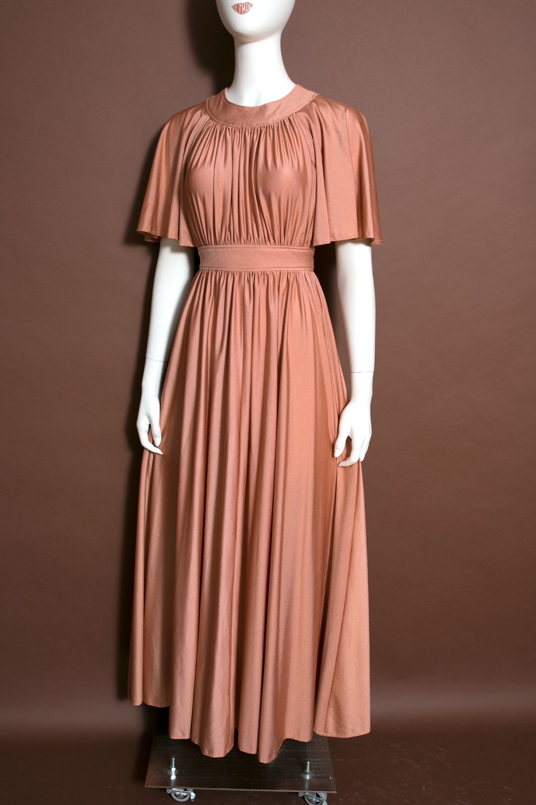 Gorgeous Vintage 70s Nude Cocoa Blush Draped Maxi Dress with Full Skirt