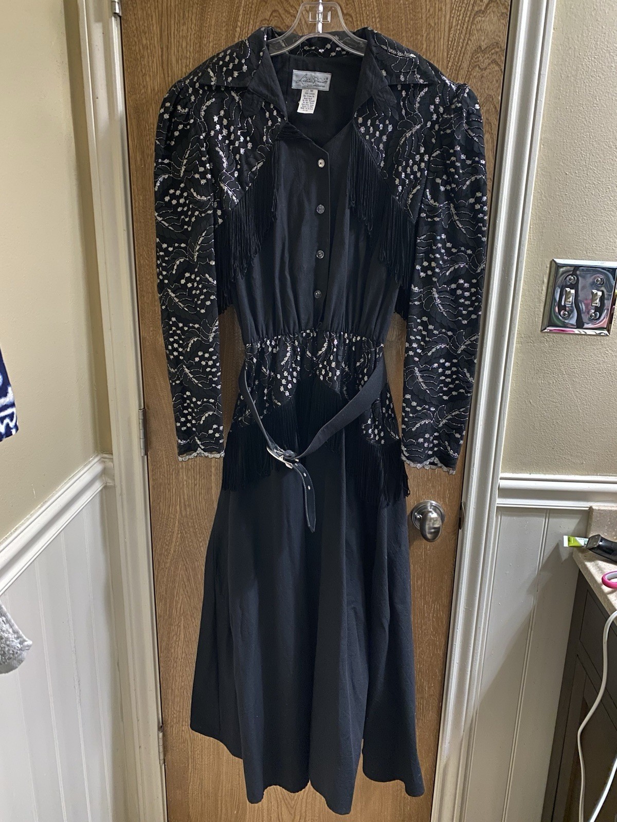 Vintage Lilia Smitty Western Dress Black Silver Fringe Size 11/12 Lace Rodeo