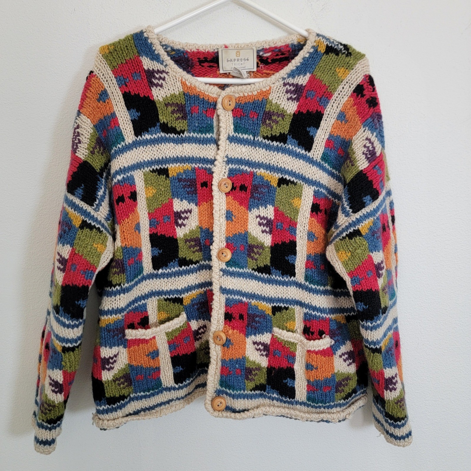 Express Tricot Vintage Hand Knitted 100% Wool Multicolor Patchwork Cardigan M/L