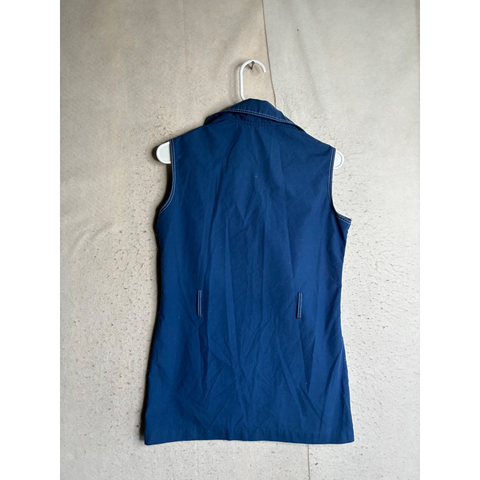 Vintage Navy Blue Sleeveless Button Front Tunic Top Contrast Stitch Pockets 12