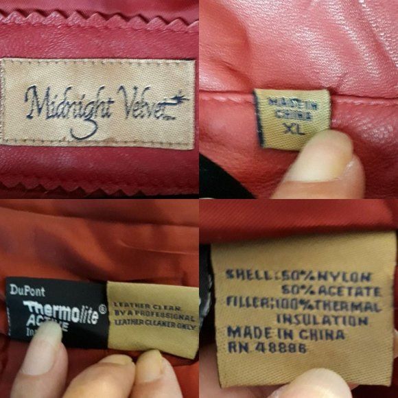 Vintage Midnight Velvet Jacket Faux Leather Moto Biker Zip Up Insulated Red XL