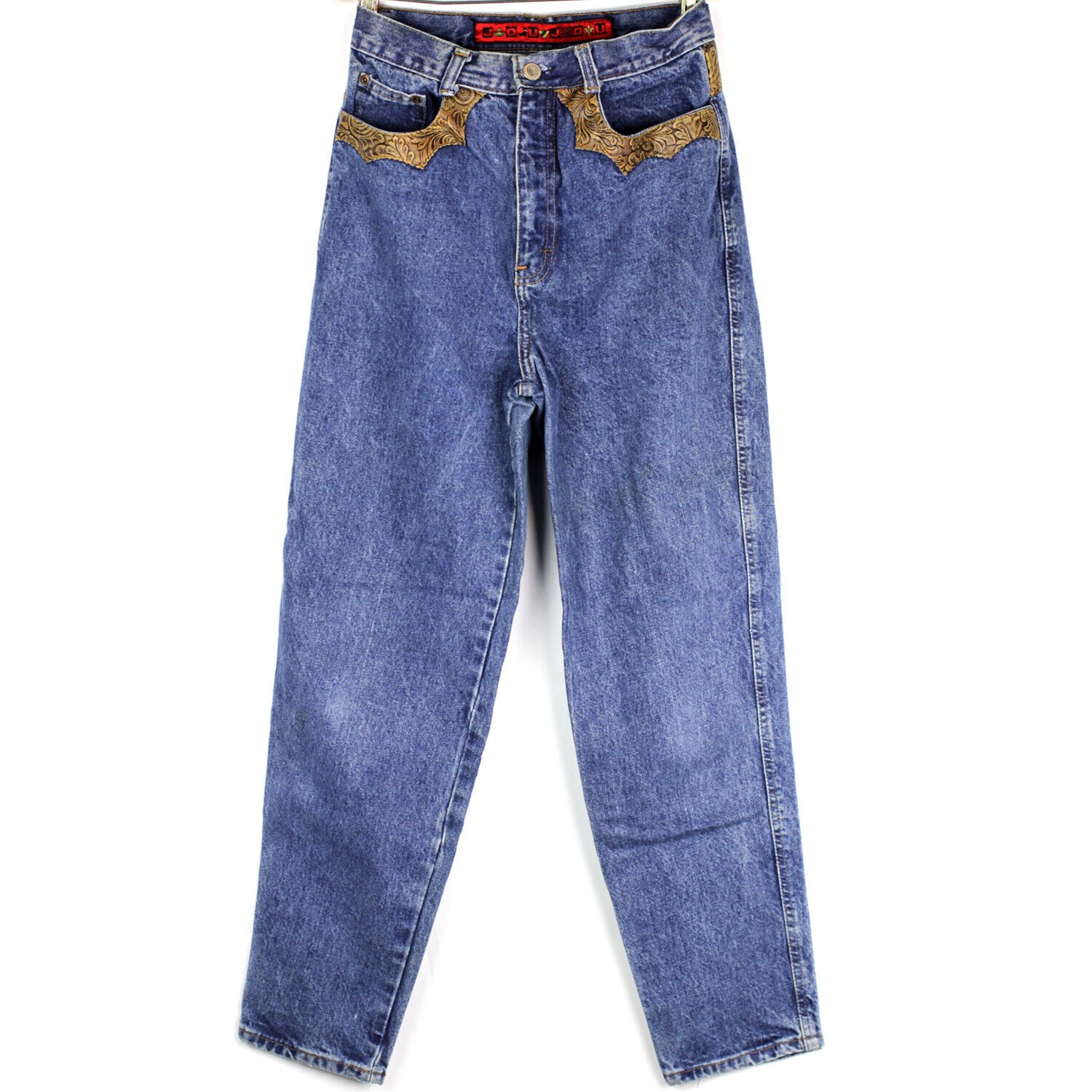 1980s Vintage JouJou High Waist Denim Mom Jeans Western Tooled Faux Leather 8