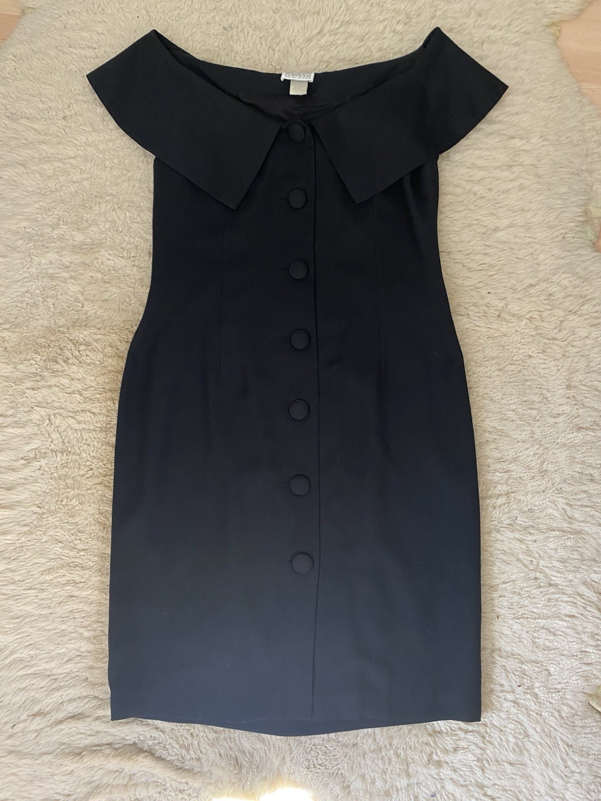 Vintage 80s Kathryn Conover NY USA Made Black Off Shoulder Button Up Dress Large