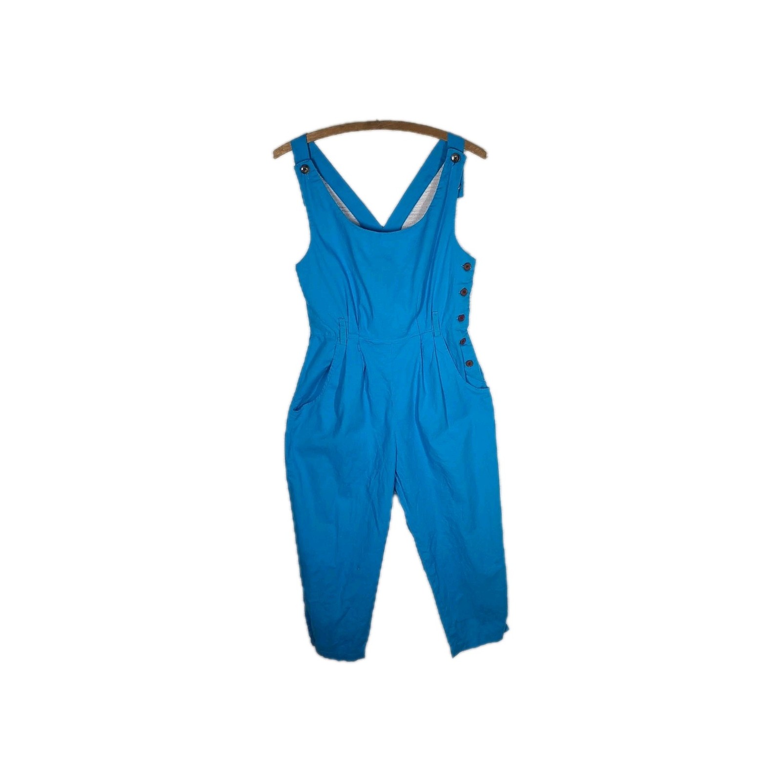 Vtg 80s Cotton Jumpsuit Blue Retro Pinup Juniors 11 M L Cross Back Button Side