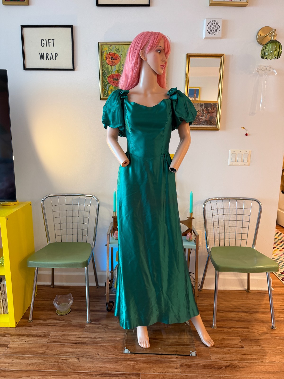 💚 Vtg 80s Party Prom Emerald Green Taffeta Gown Puff Slv Ballgown Prom Dress M
