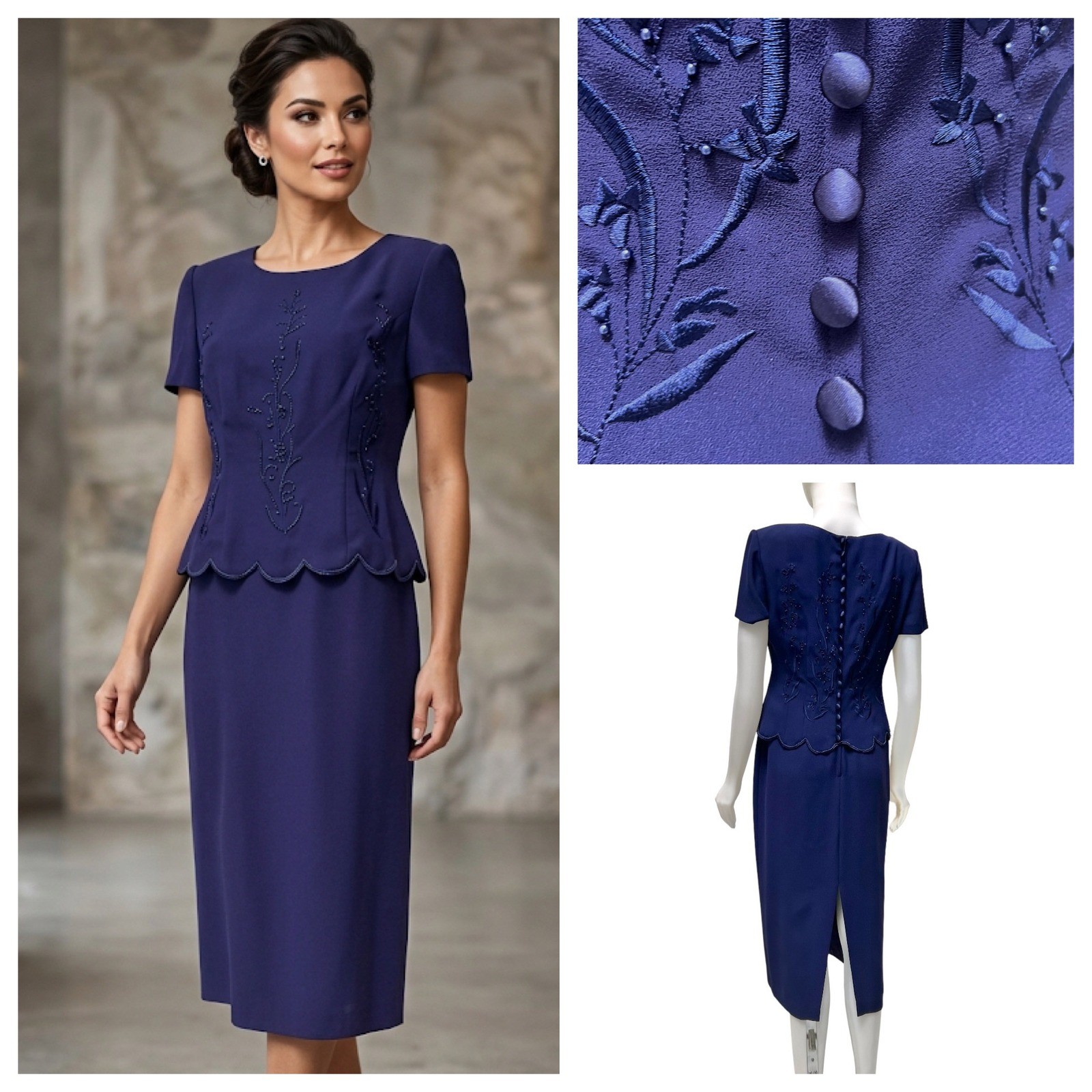 Vtg 90s Donna Morgan Peplum Dress 8P Mock Embroidered Beaded Mother of the Bride