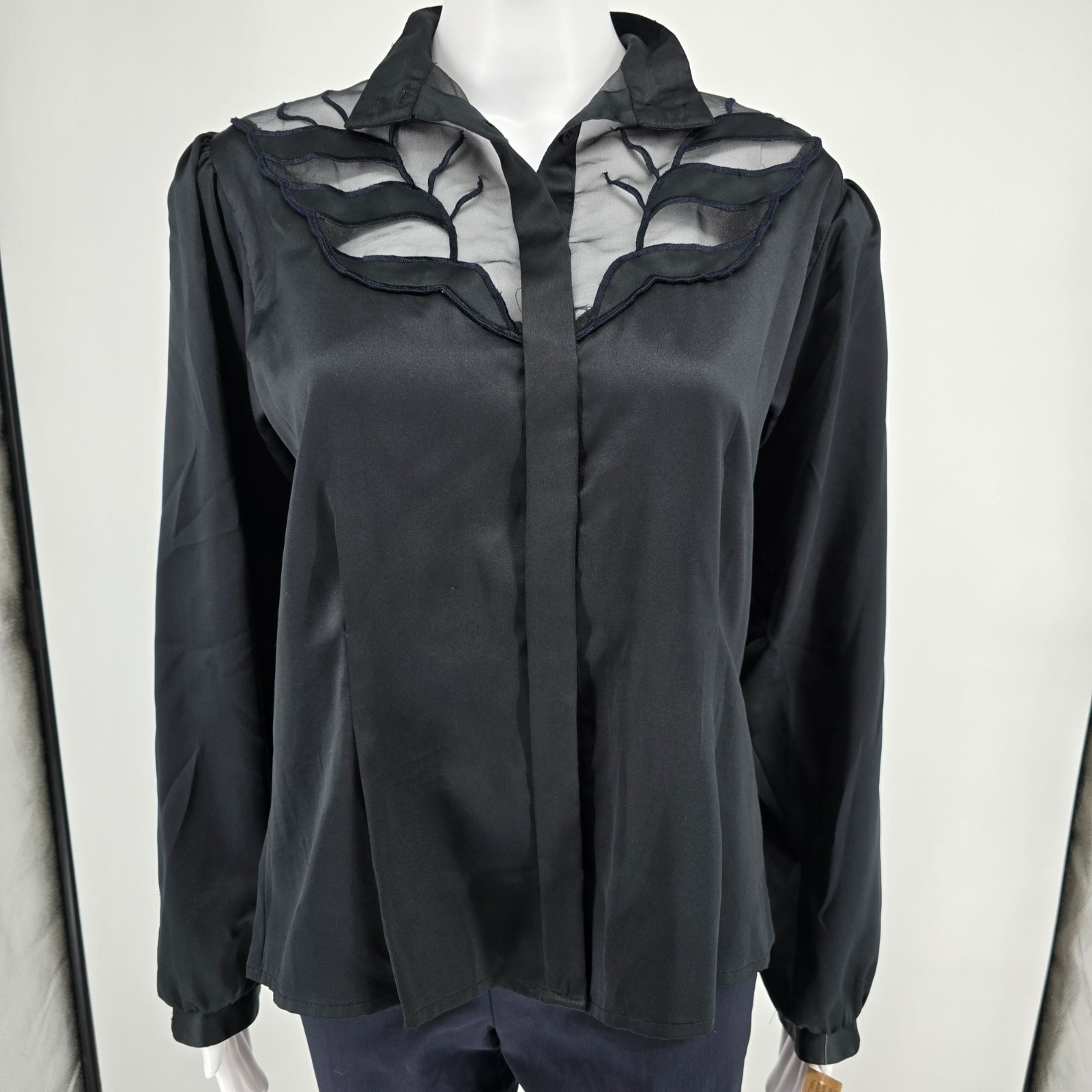 Vintage 1980s Women’s Black Polyester Sheer Organza Insert Satin Blouse (M)