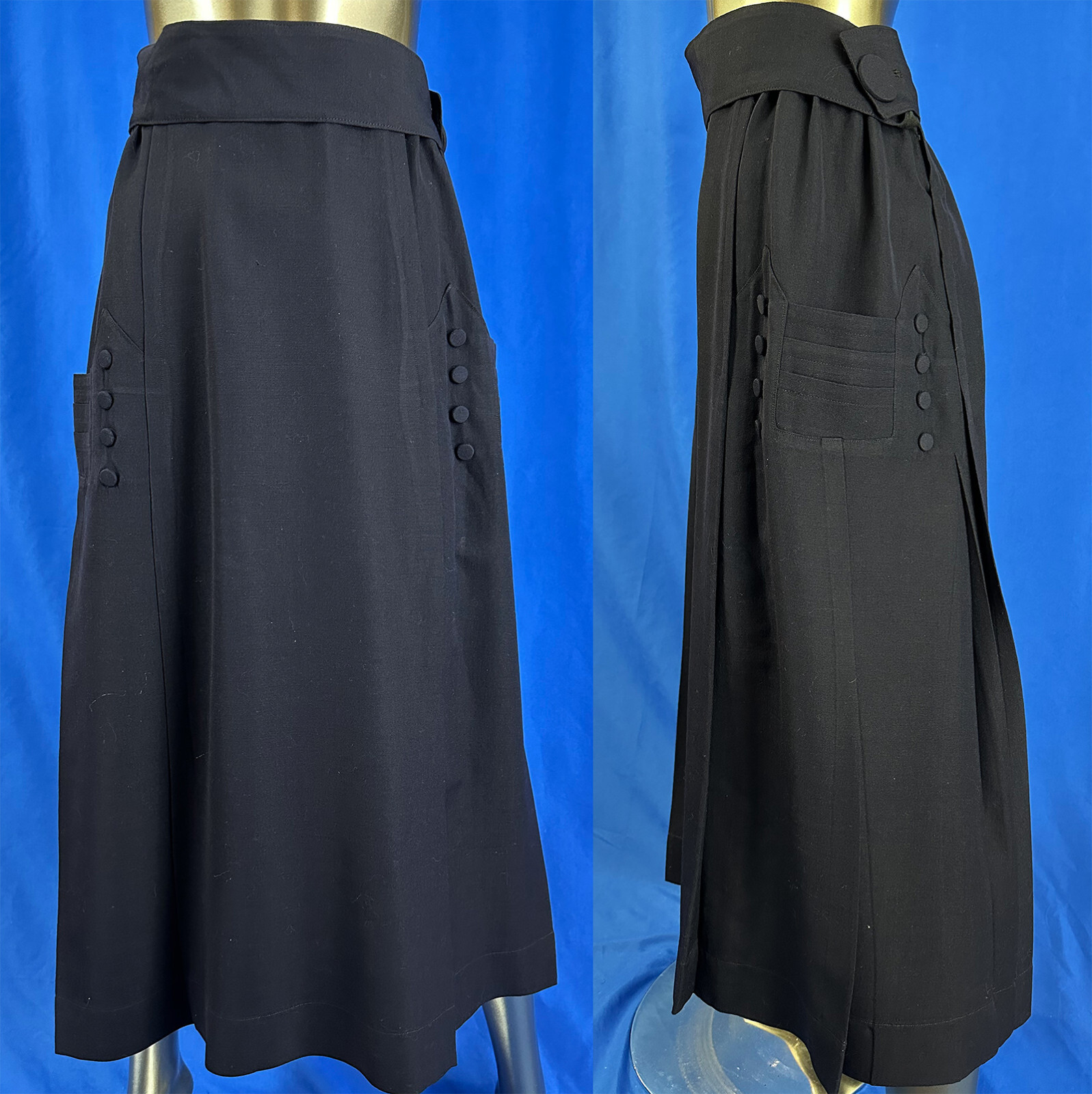 Edwardian Navy Blue Wool Challis Pleated Pocket Button Trim Belted Walking Skirt