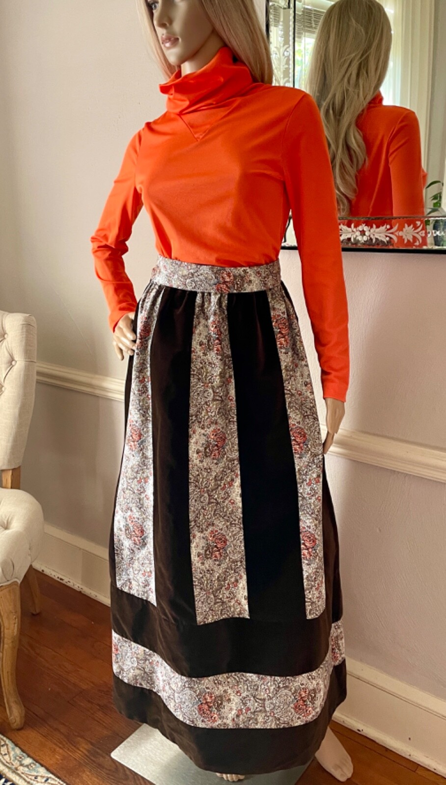 1970s Mr Hank Vintage Set, Velvet Patchwork Maxi Skirt, Cowl Neck Top, Size S