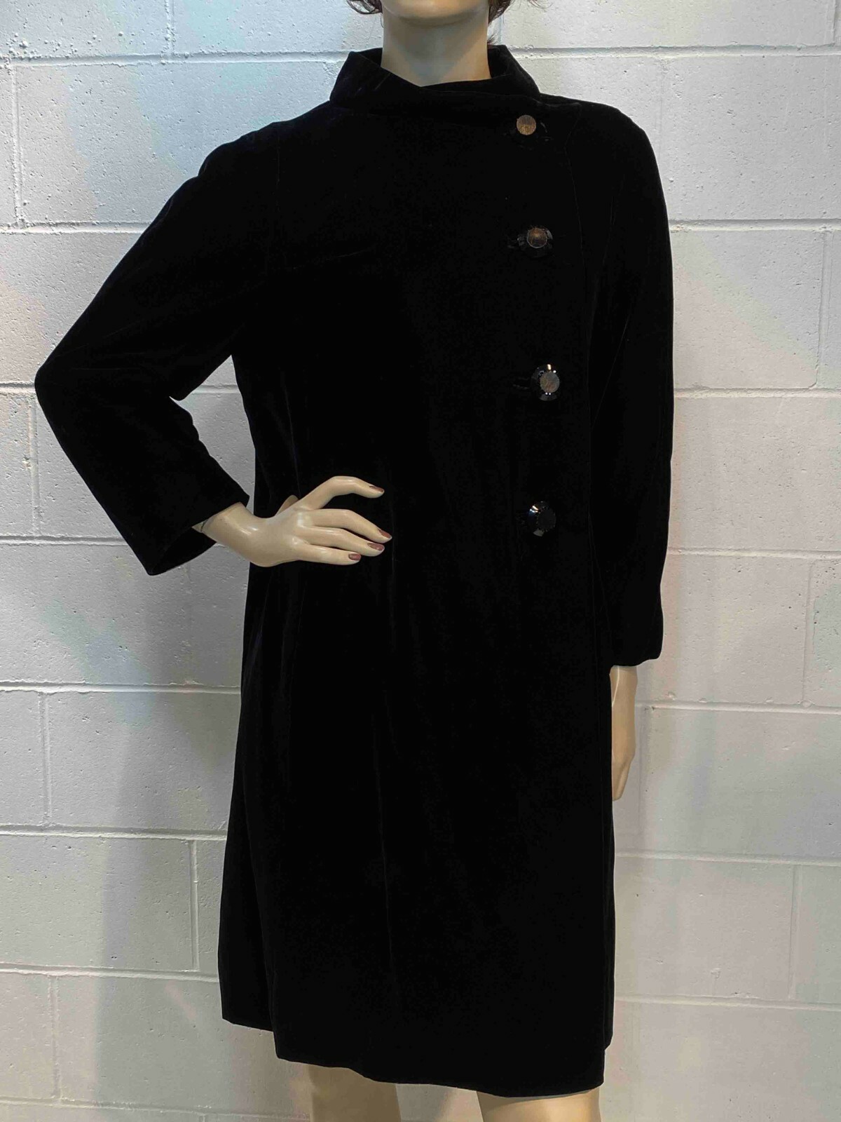 S~M Vtg 60s VELVET Dress COAT Black Elegant Asymmetrical USA Rhinestones GLAM