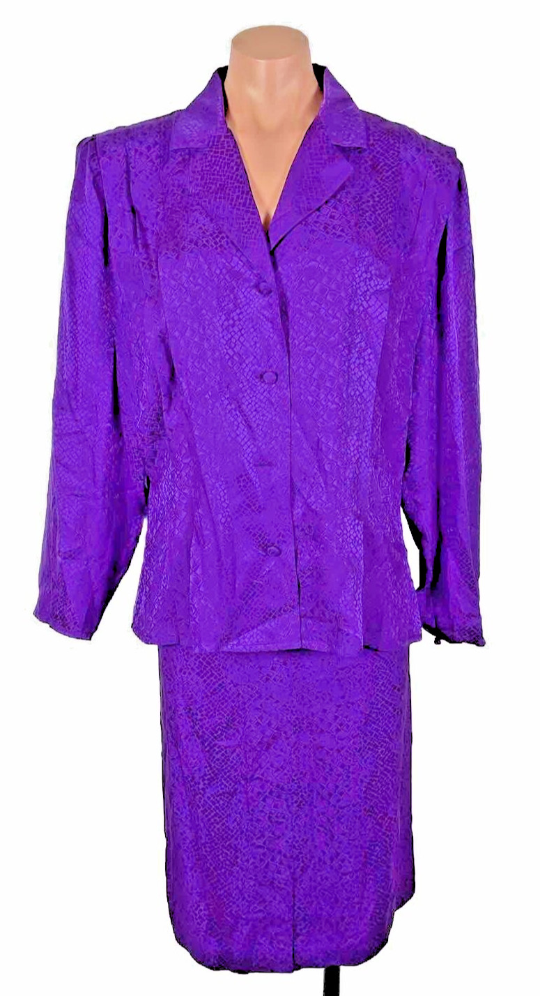 Vintage Argenti 100% Silk 2 Pc Royal Purple Skirt Suit Size 16 Animal Print