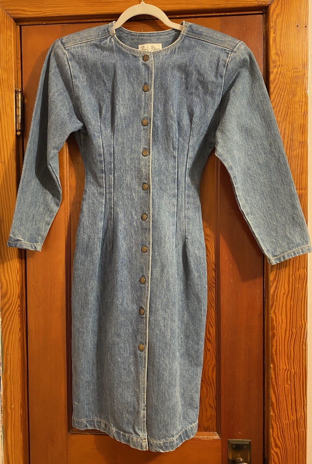 Vintage 80s Paris blues 100% Cotton denim long sleeve Sheath Snap dress 5 XS