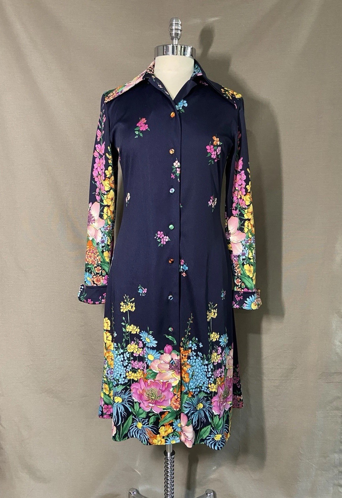Vintage 1970s Arémis Italian Floral Long Sleeve Shirt Dress Size M/L 8-10