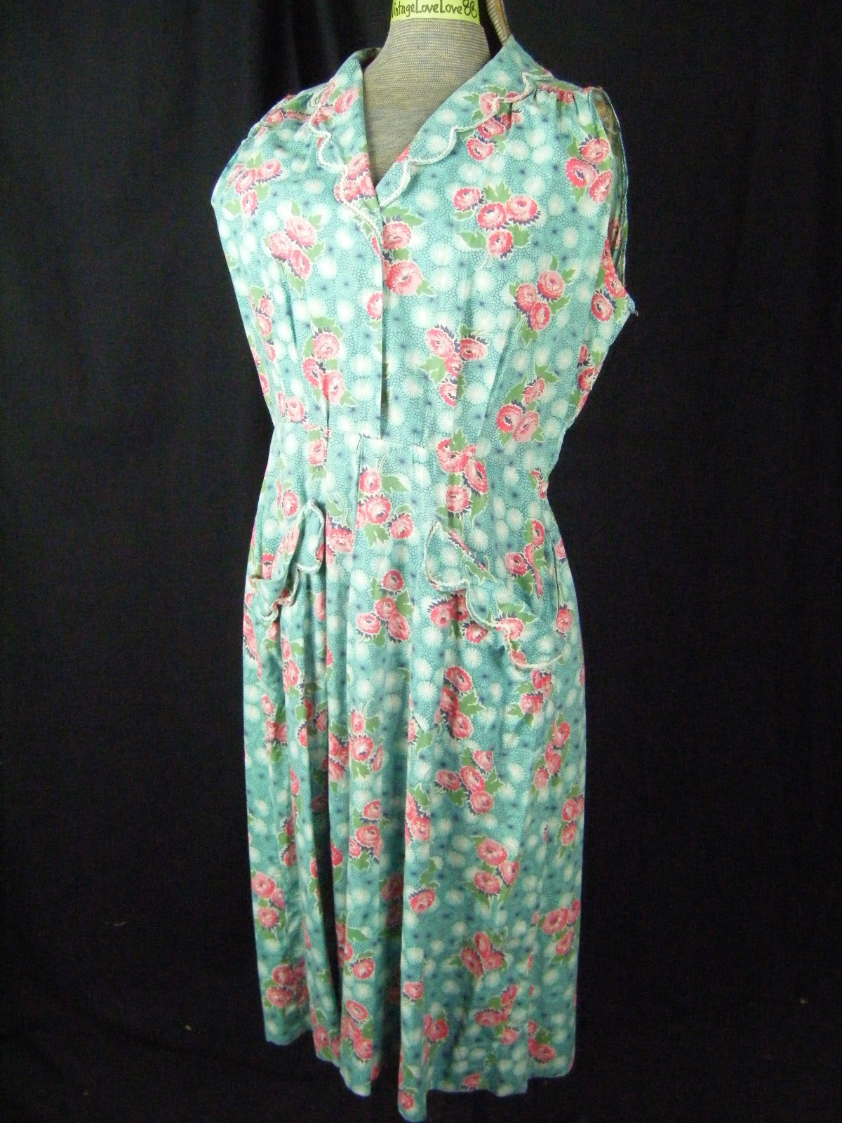 Vtg 50s Handmade Blue Pink Floral Cotton House Dress-Bust 43/M