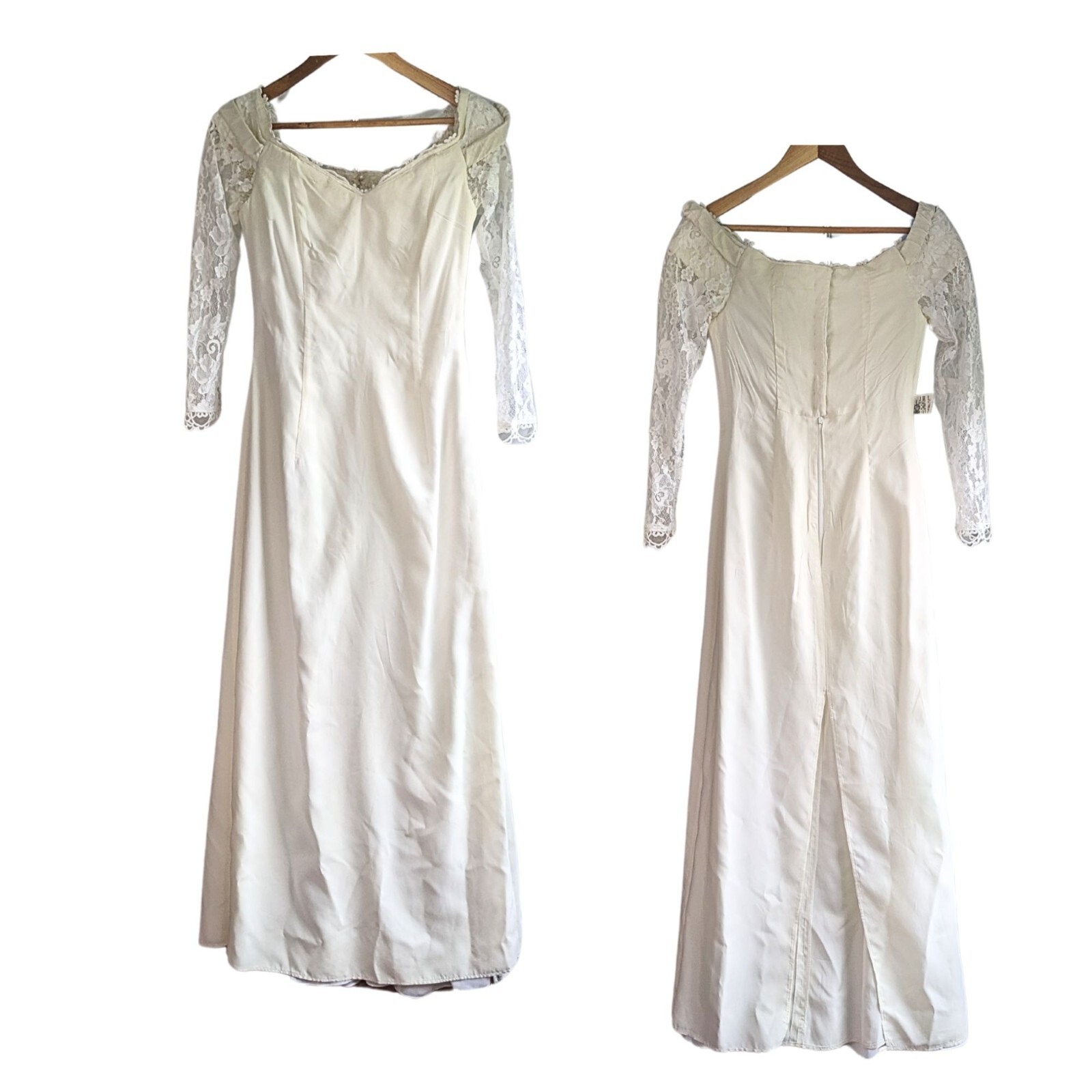 Vtg Early 90s JESSICA MCCLINTOCK Bridal Ivory Lace Off-Shoulder Pearl LS Gown 8