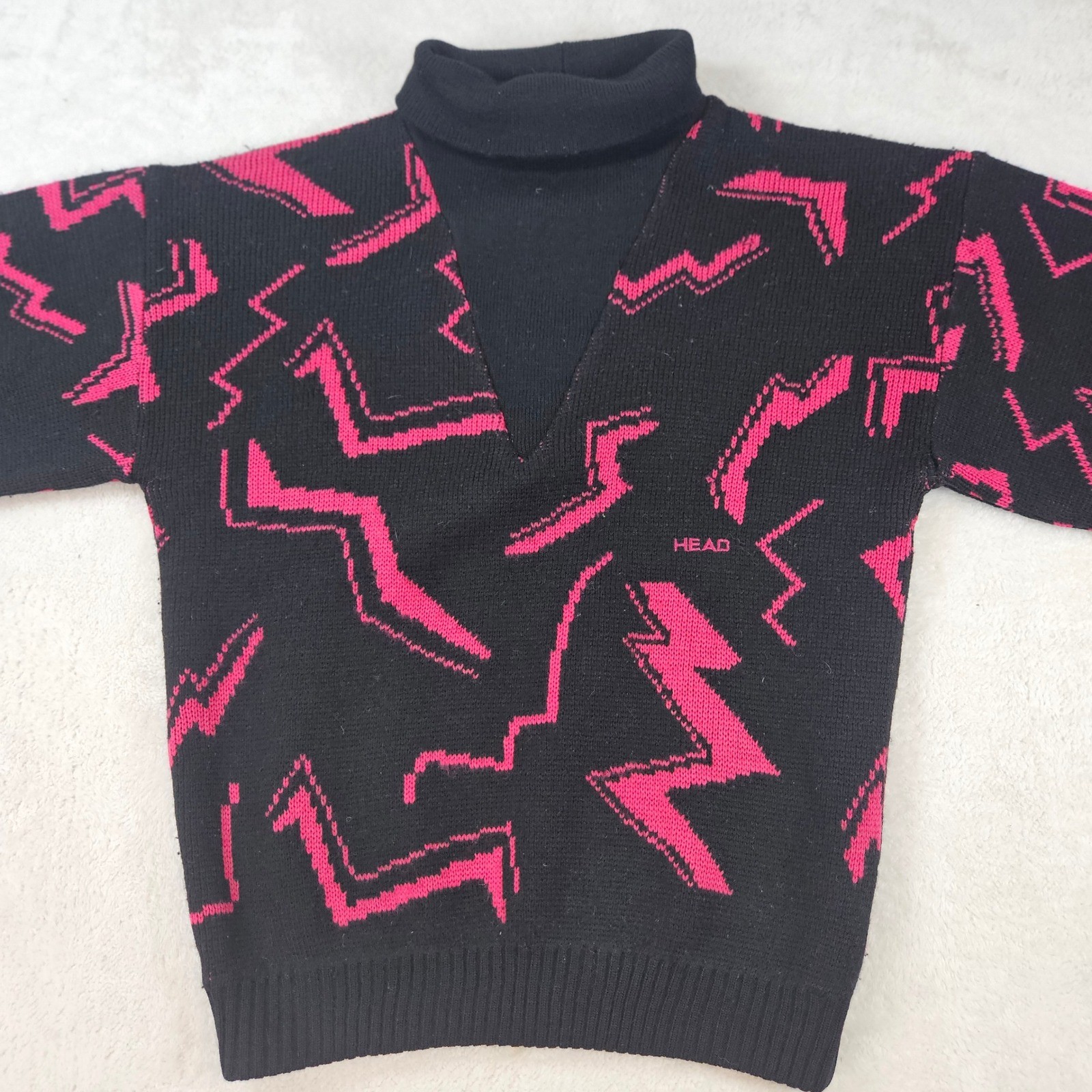 Vintage Head Sportswear Wool Sweater Pink Black Lightning Bolt Turtleneck 80s