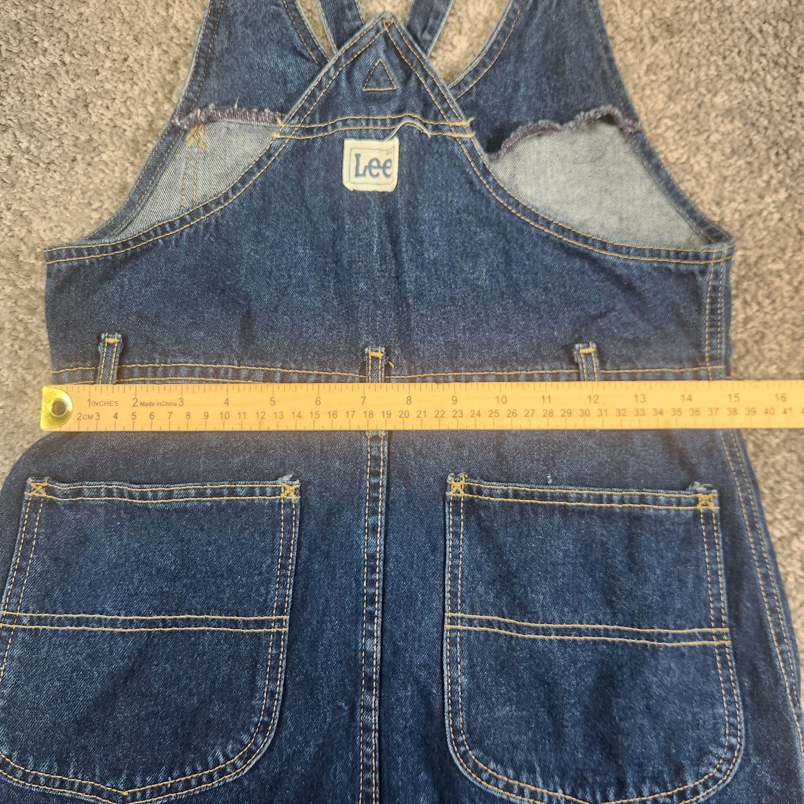 VTG Lee Denim Overall Dress Sz Medium 7/8 Dark Wash Button Front Bib USA 70s 80s