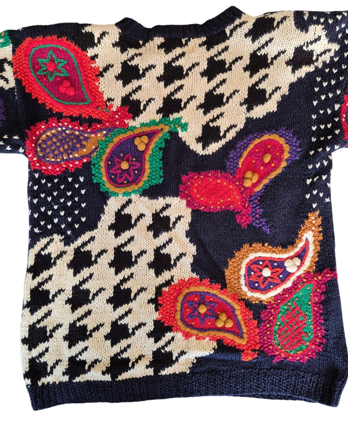 VTG 80s Knitting Needles Houndstooth Paisley Intarsia Sweater S/M Ramie Cotton