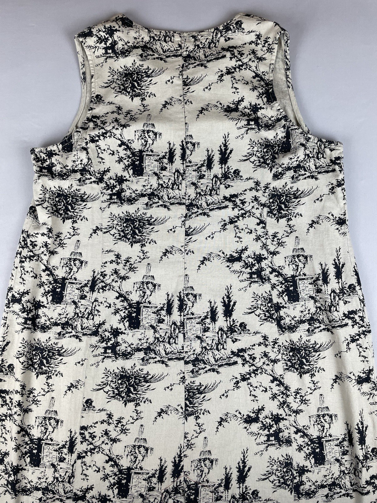 Vintage David Meister Linen Blend Sheath Midi Dress XL Black Cream Toile Print