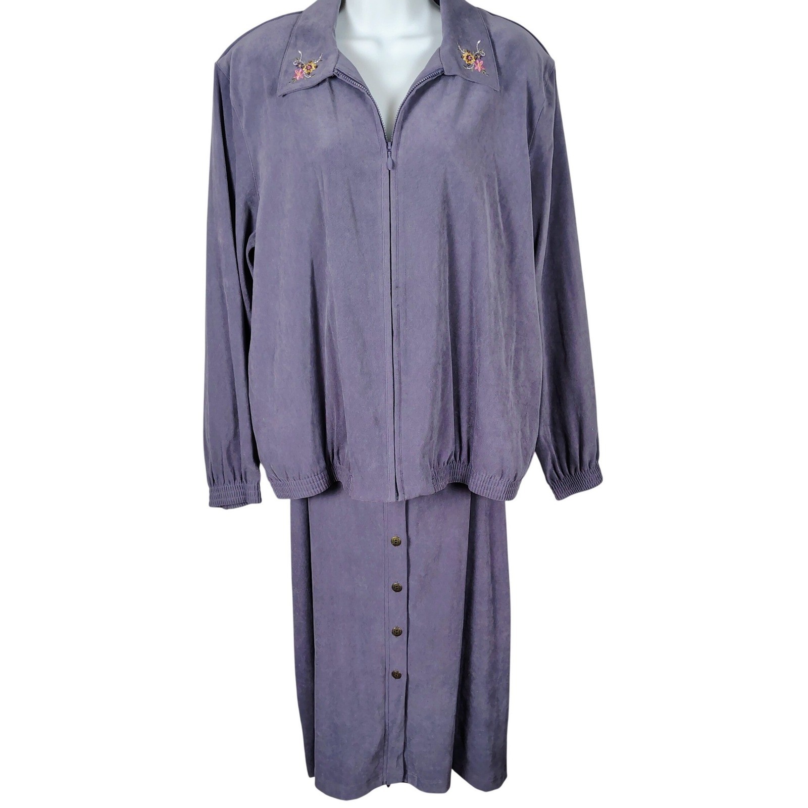Alfred Dunner Purple vegan Suede Skirt Set Embroidered Jacket Size 14 2pc Vtg