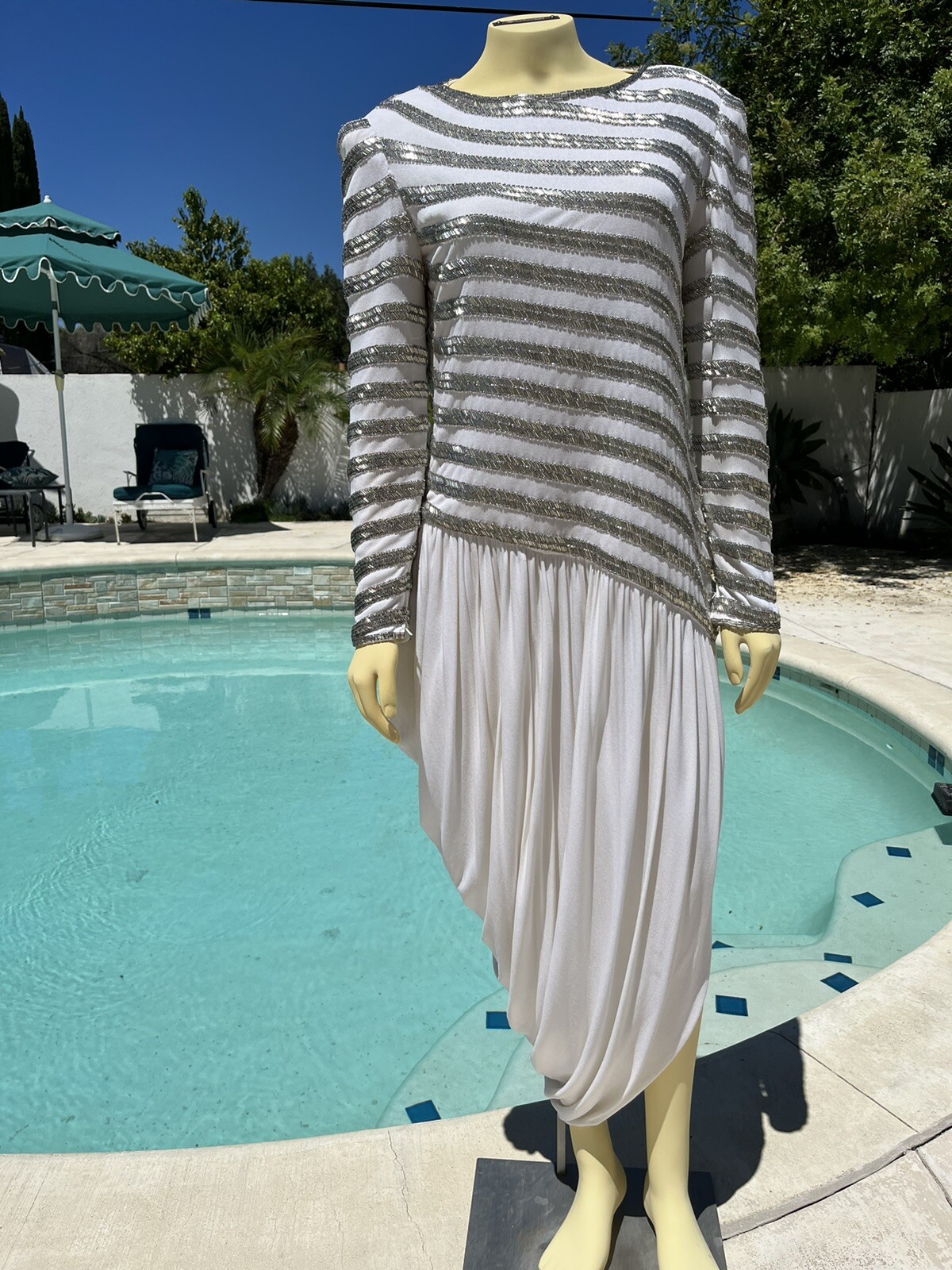 Vintage 80s Giorgio Beverly Hills Embellished Asymmetrical Hem Gown Dress Med