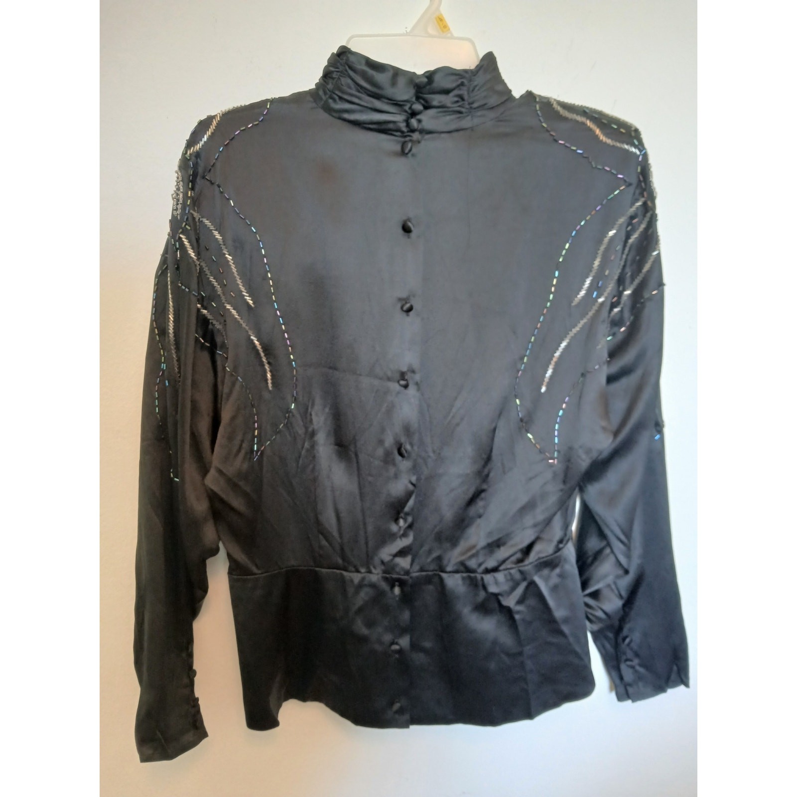 VTG 1980s Black Silk Beaded High Neck Peplum Waist Blouse Cocktail Party Top 10