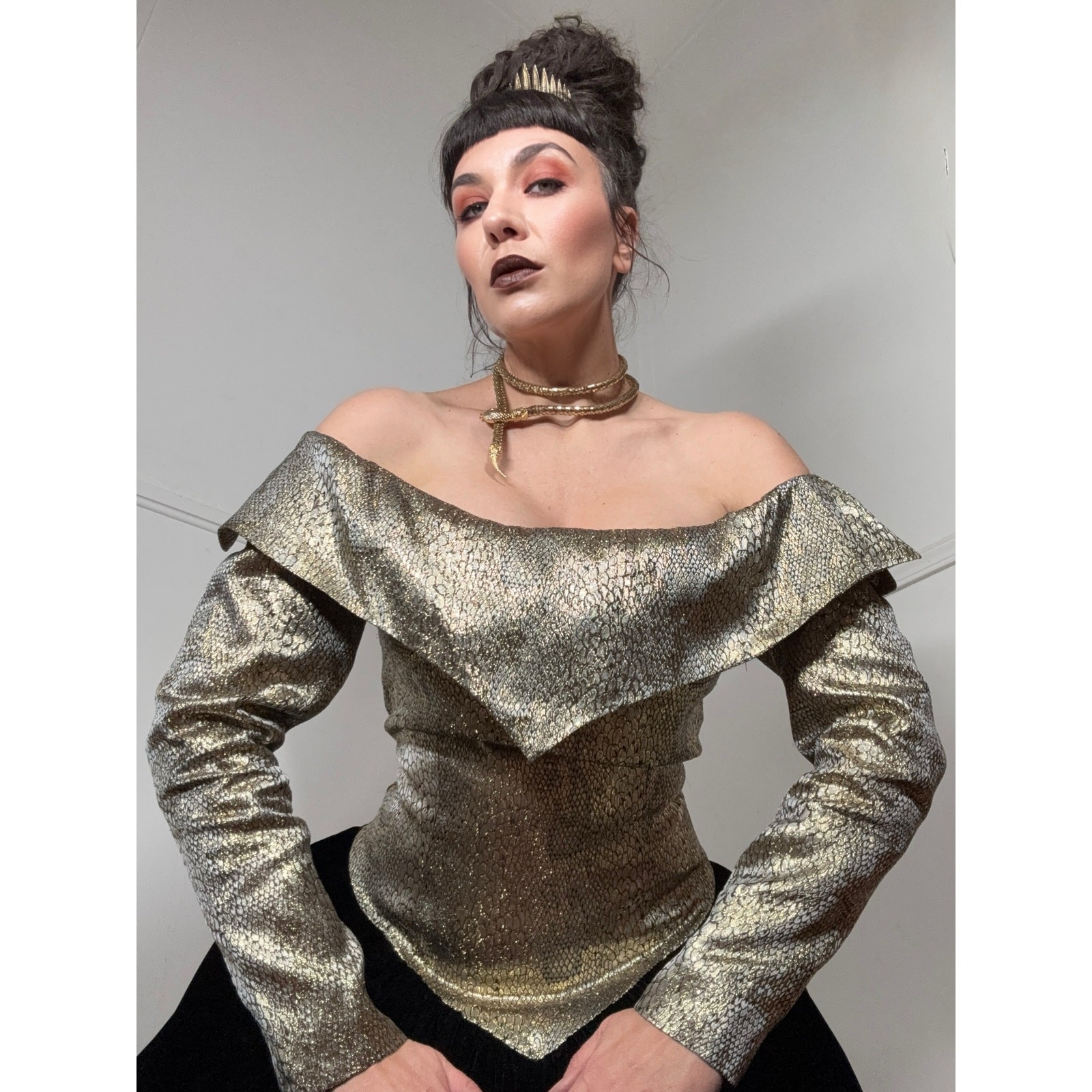 Large 1980s Vintage Snake Print Brocade and Velvet Formal Gown