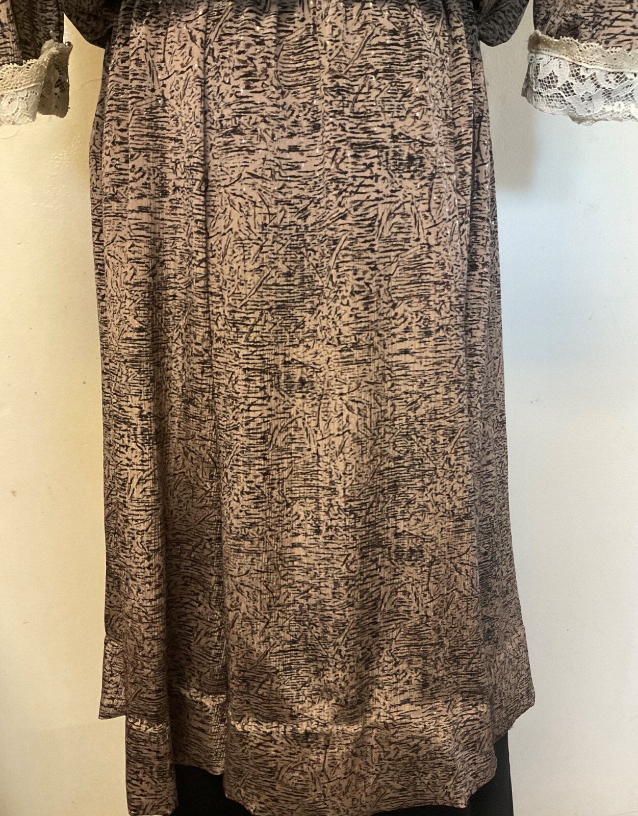 Vintage 1980s Black Patterned Dress with Lace Collar & Cuff-Large-Lorac Original